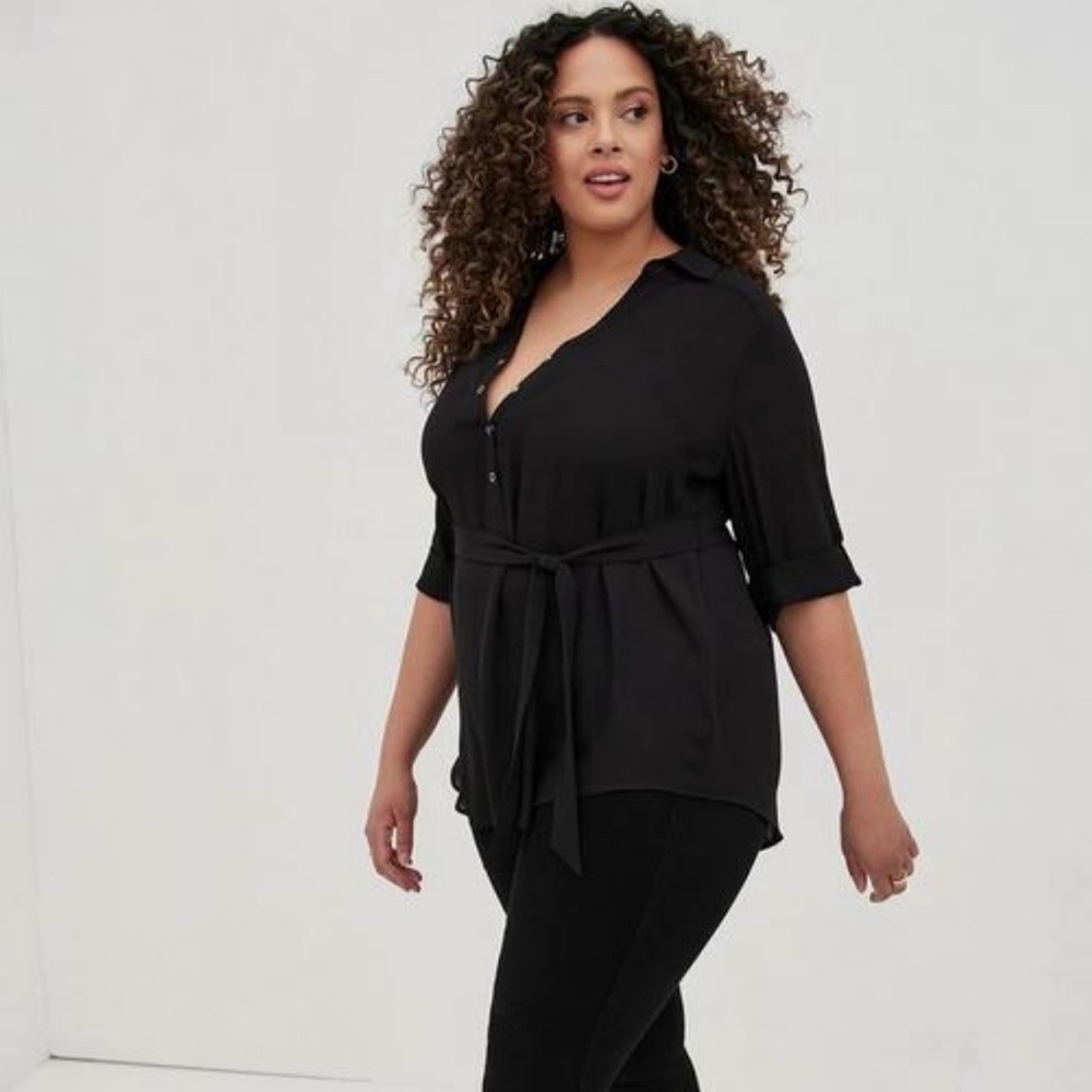 Classic Black Tie-Waist Button Front Top - Women